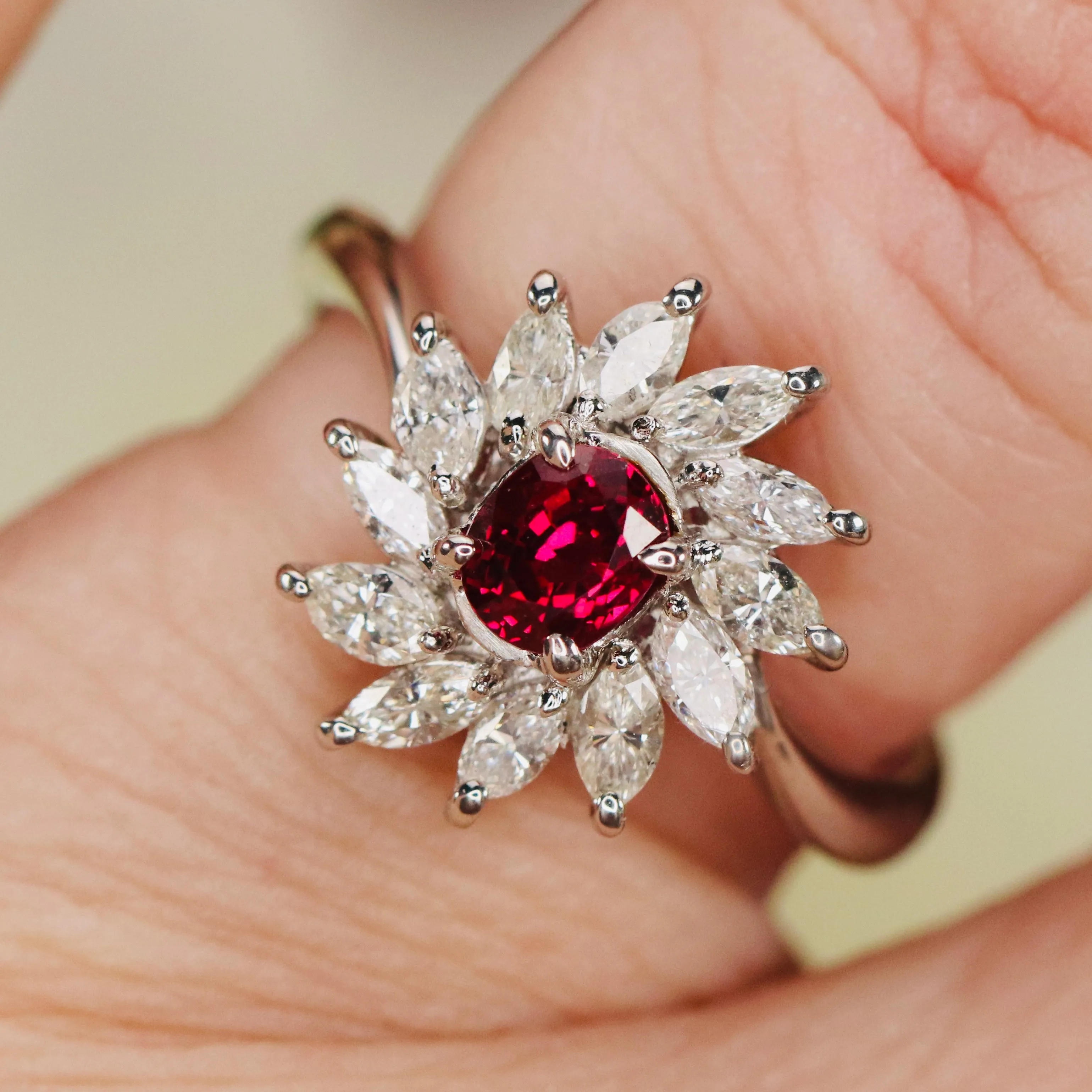 Estate Ruby & diamond cluster ring in platinum