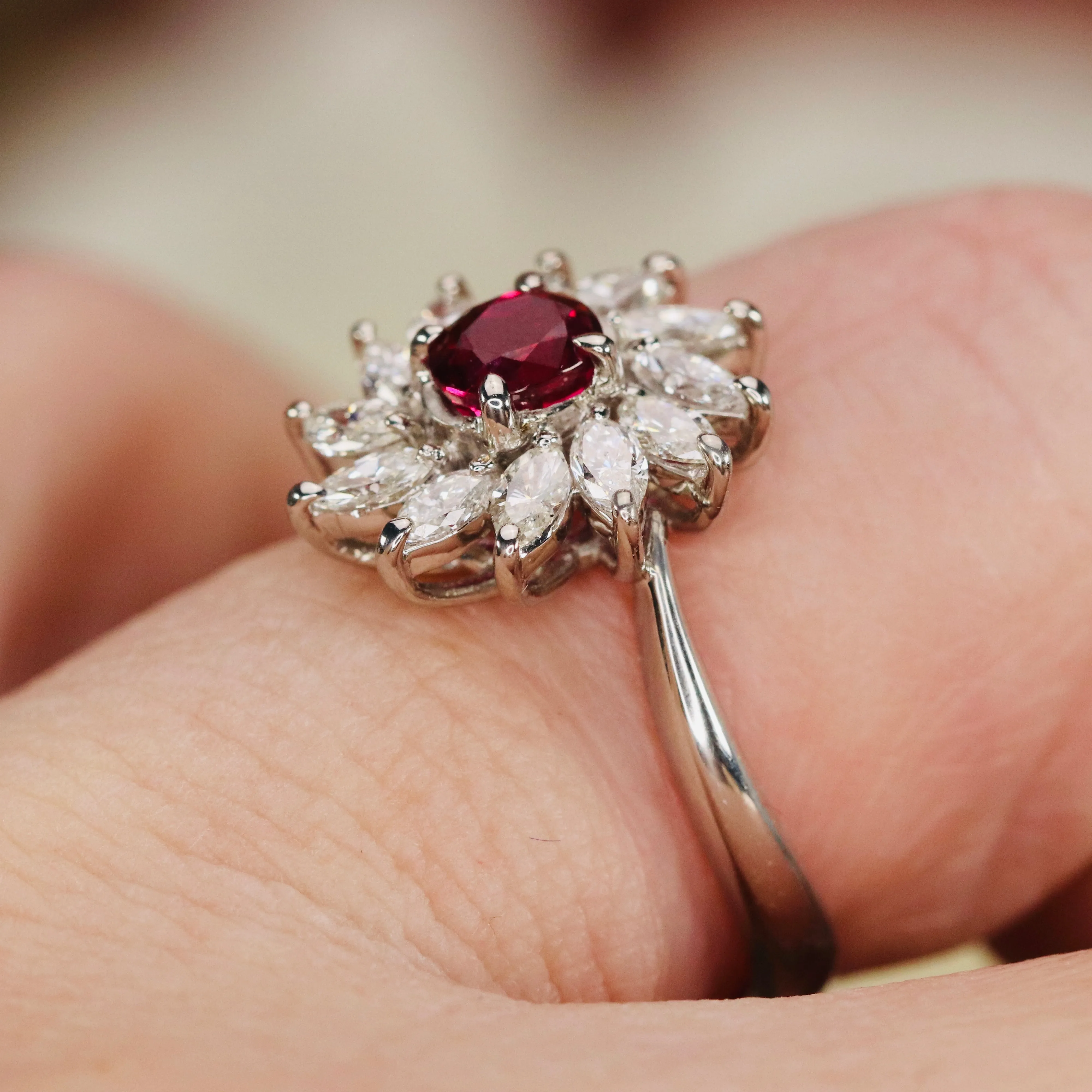 Estate Ruby & diamond cluster ring in platinum