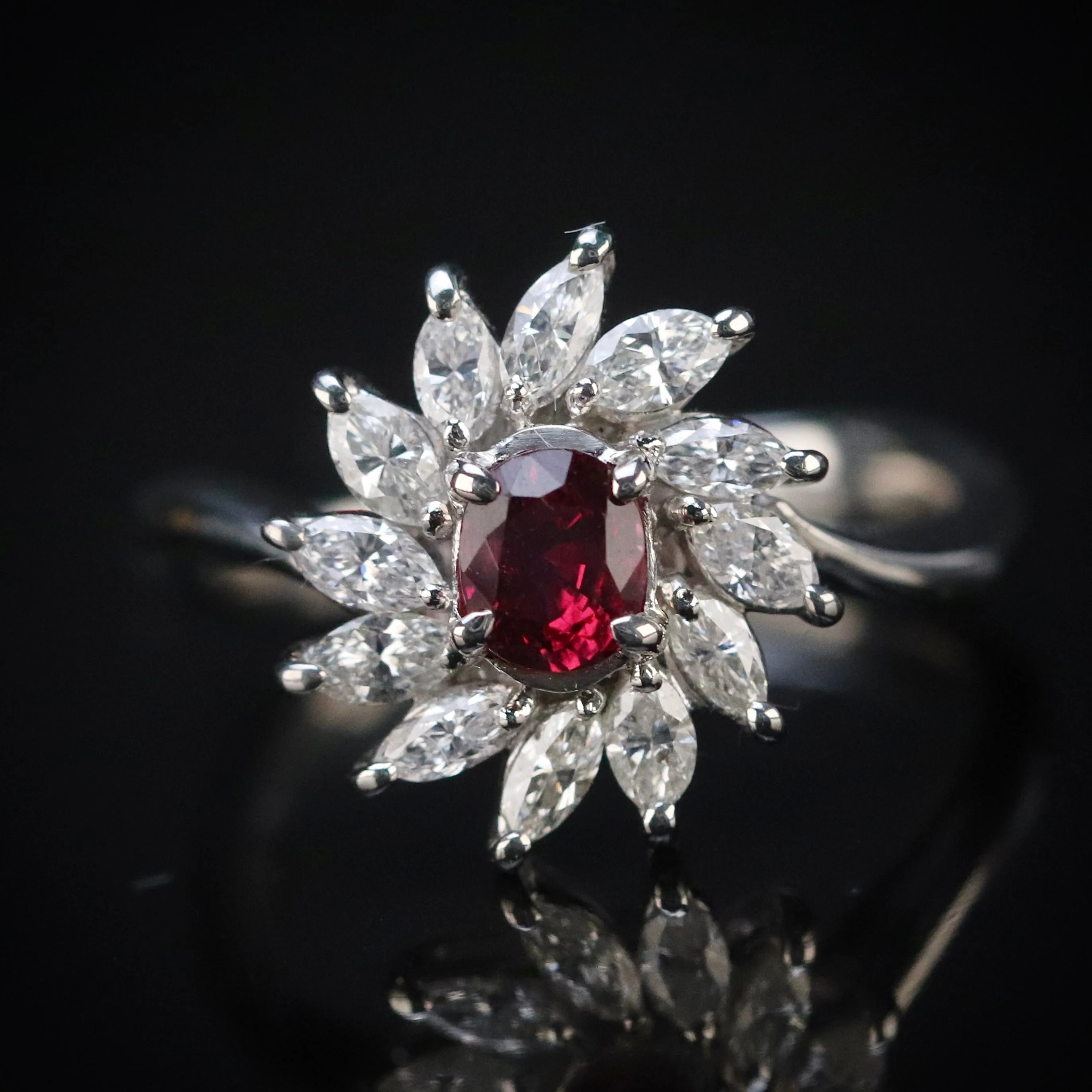 Estate Ruby & diamond cluster ring in platinum