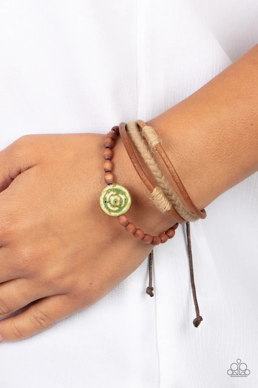 Existential Earth Child - Green - Ceramic Rose Flower Brown Cord Paparazzi Pull-String Bracelet