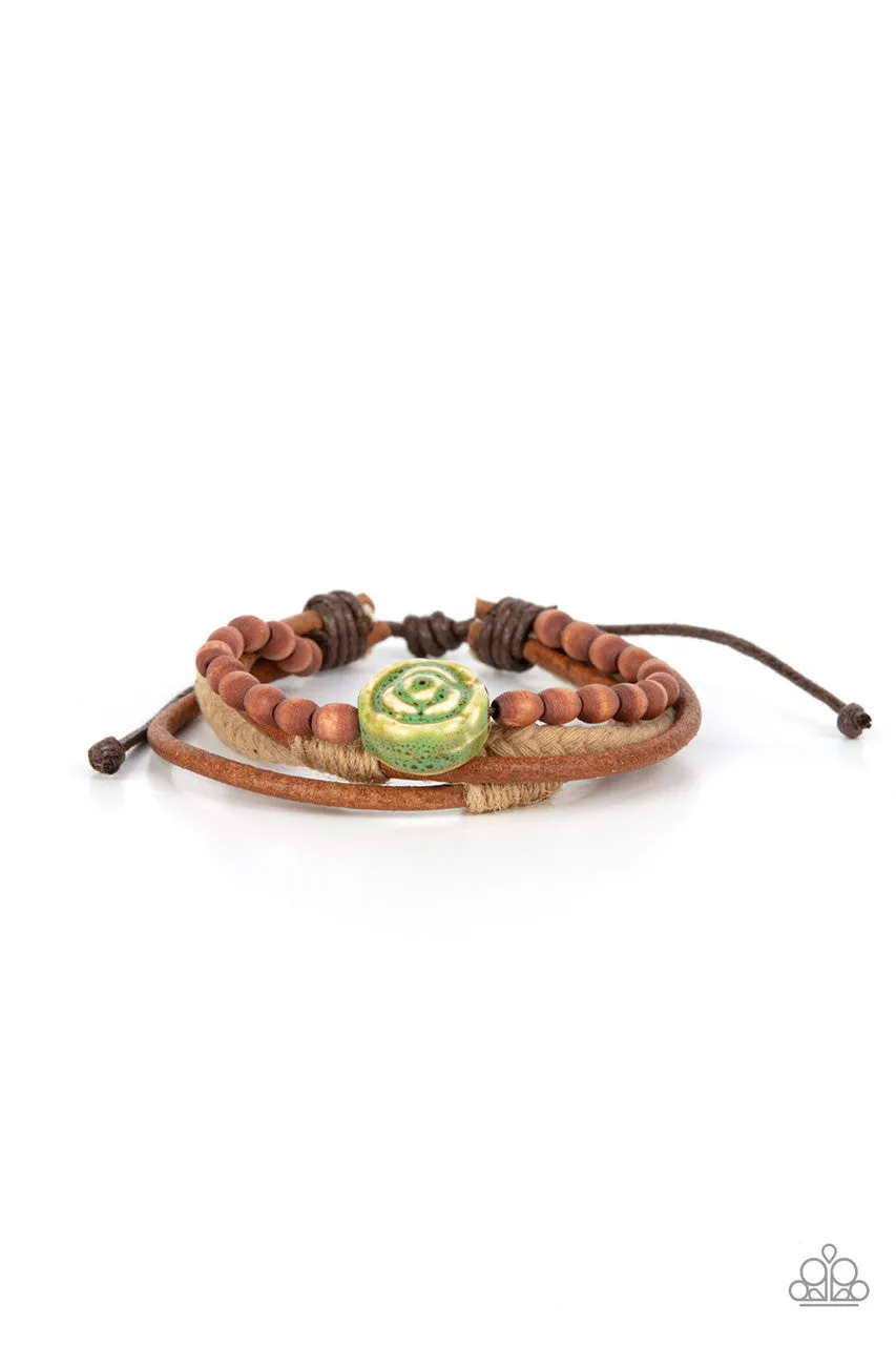 Existential Earth Child - Green - Ceramic Rose Flower Brown Cord Paparazzi Pull-String Bracelet