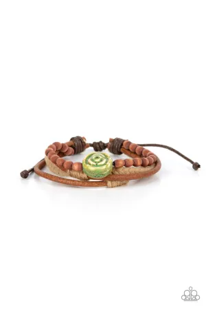 Existential Earth Child - Green - Ceramic Rose Flower Brown Cord Paparazzi Pull-String Bracelet