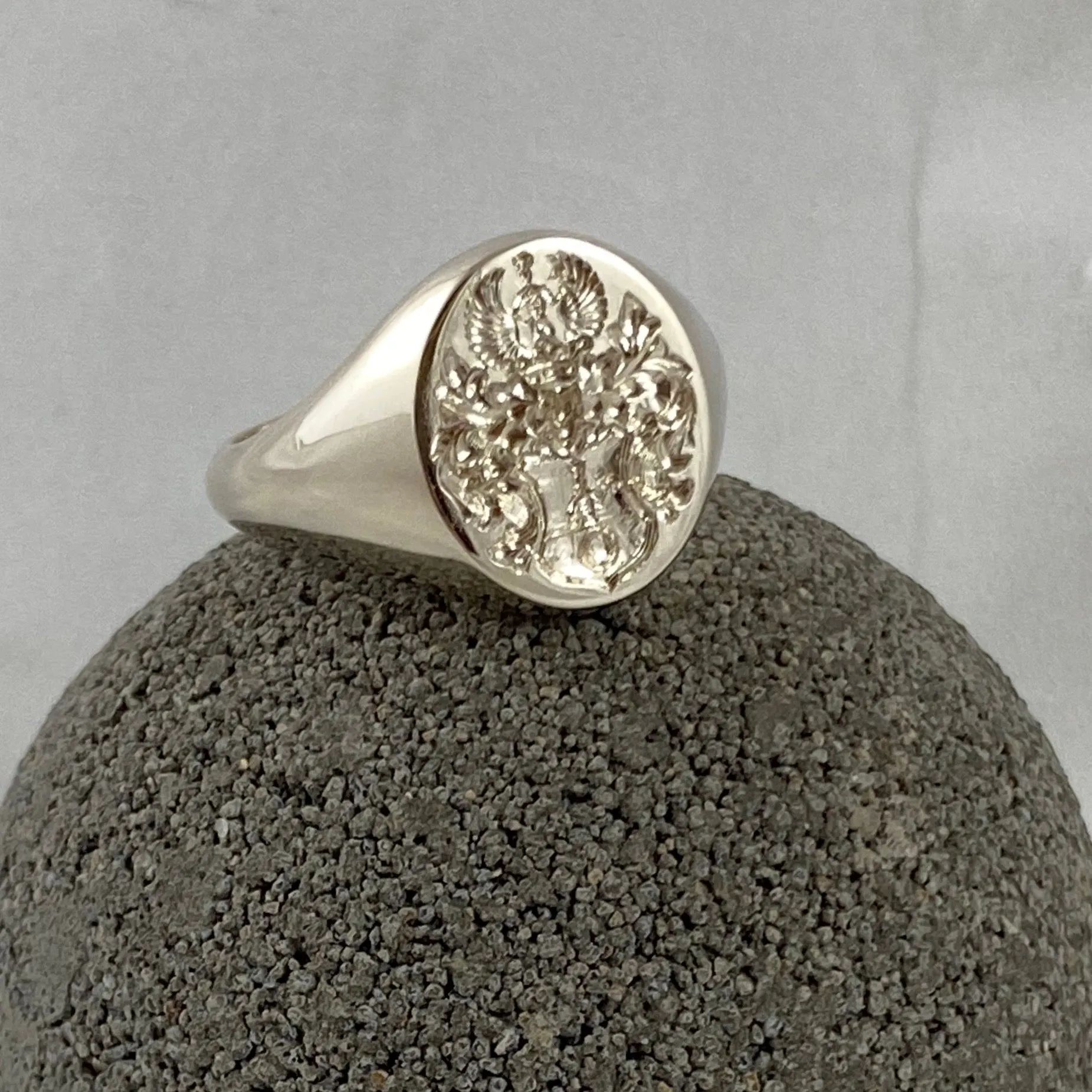 Family Coat of Arms Surface Engraved 13mm x 11mm  -  9 Carat White Gold Signet Ring