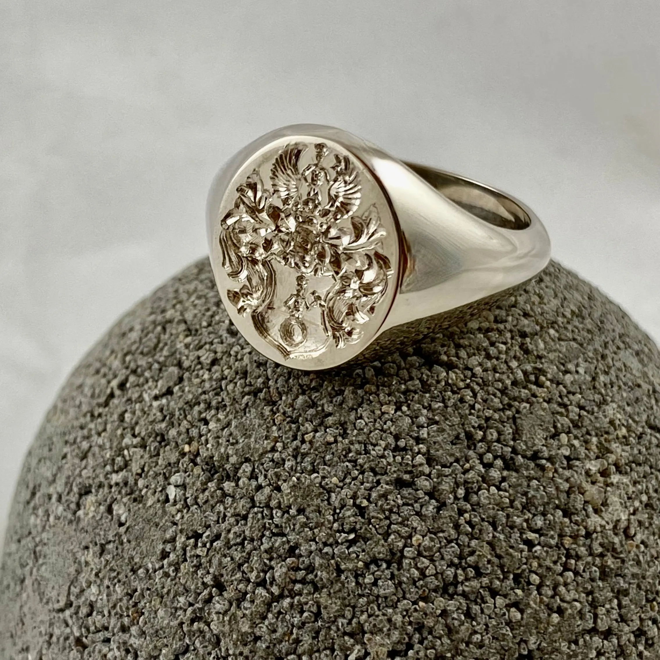 Family Coat of Arms Surface Engraved 13mm x 11mm  -  9 Carat White Gold Signet Ring