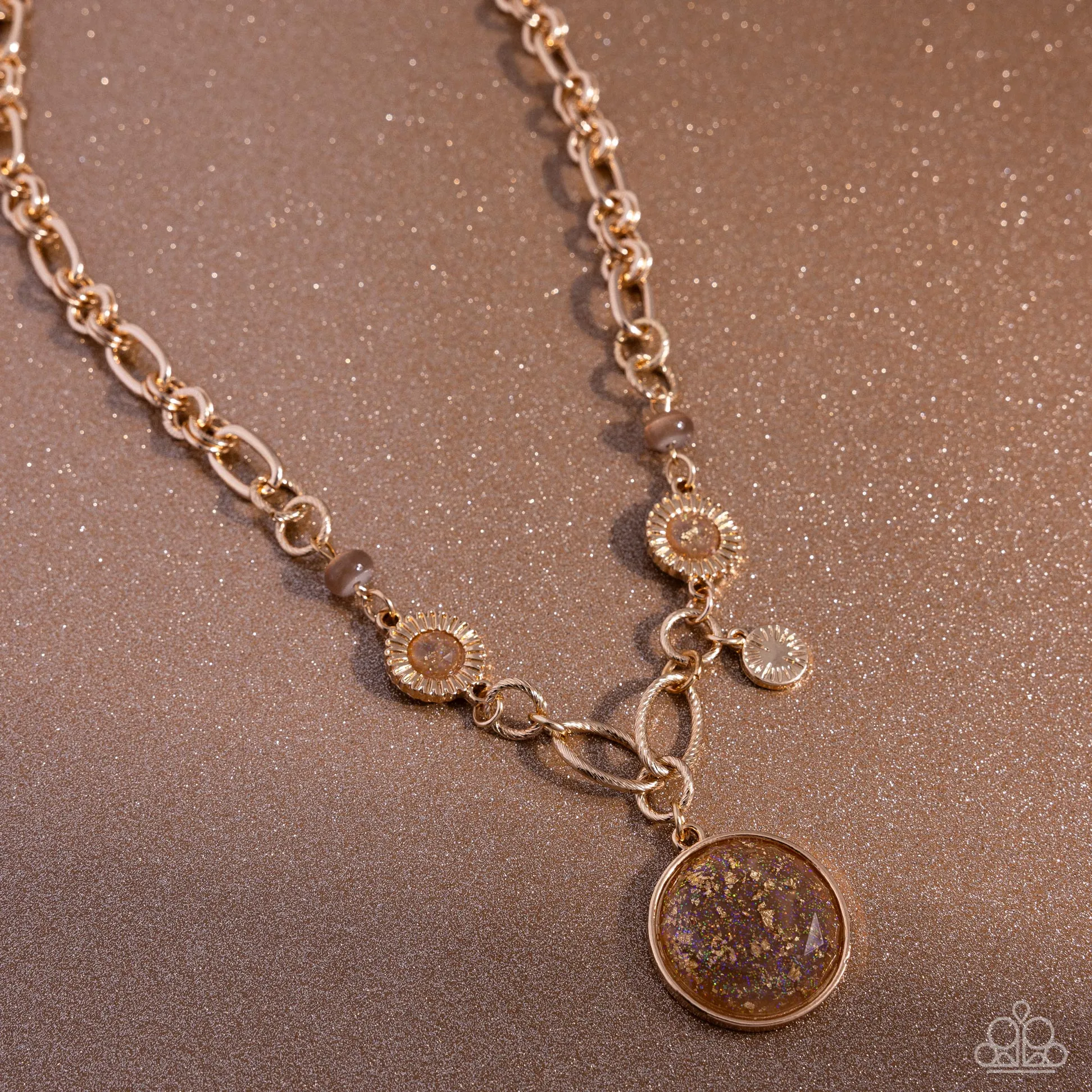 FLECKS Big Thing - Brown - Cat's Eye Bead and Iridescent Glittery Pendant Paparazzi Short Necklace