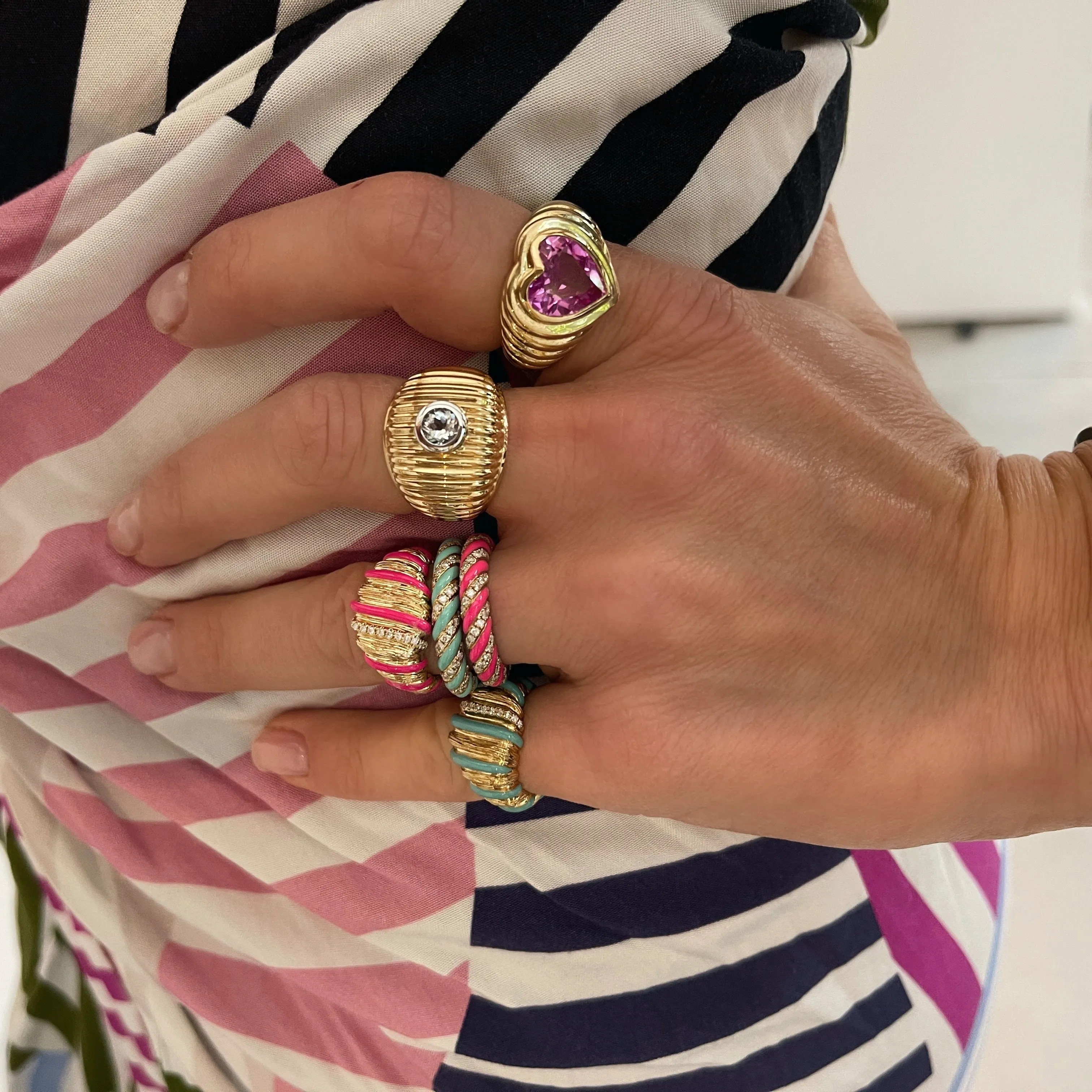 Fluted Diamond & Enamel Wafer Signet Ring