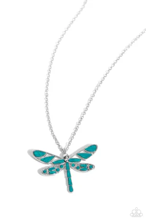 FLYING Low - Green - Teal Stone Silver Dragonfly Paparazzi Short Necklace