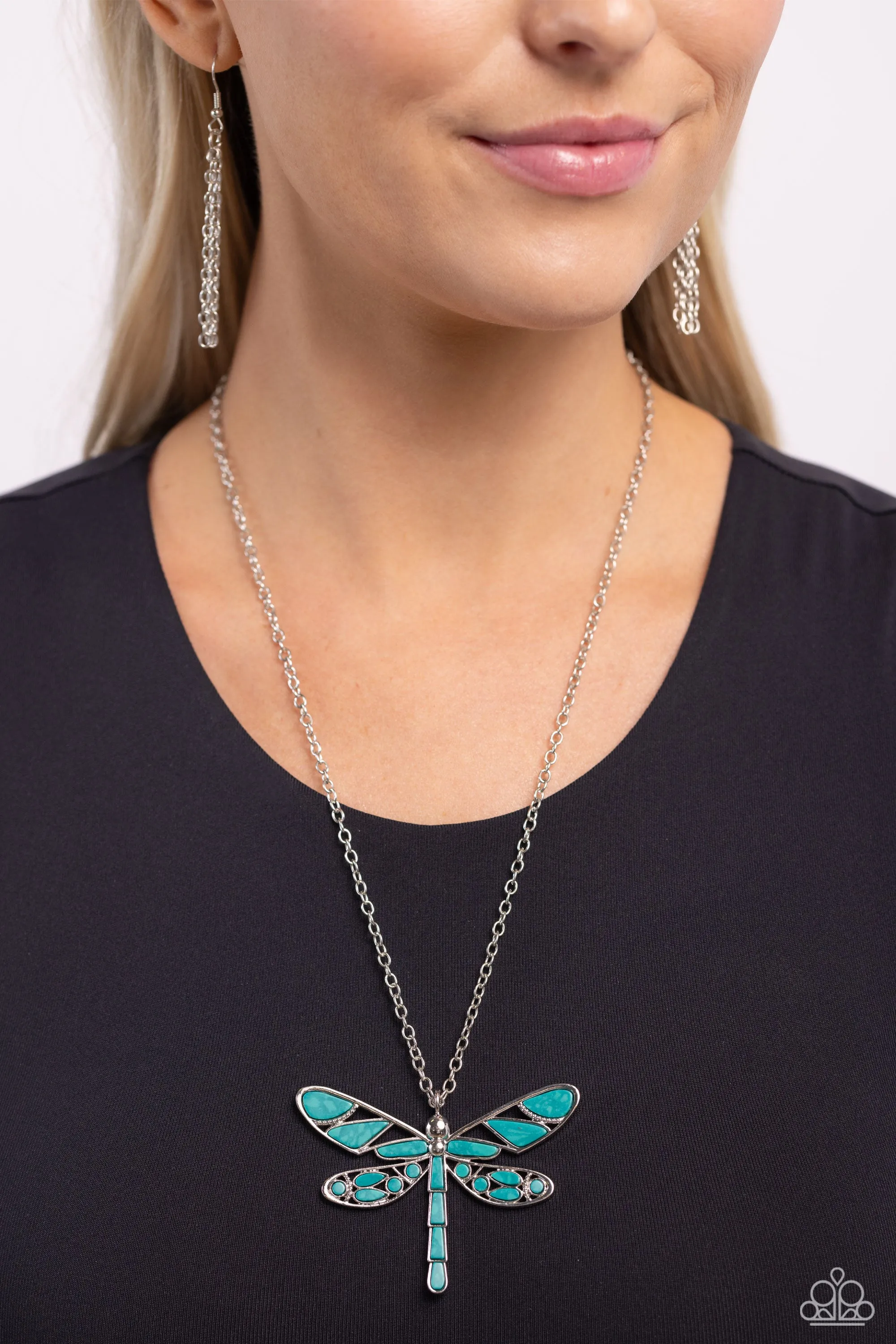 FLYING Low - Green - Teal Stone Silver Dragonfly Paparazzi Short Necklace