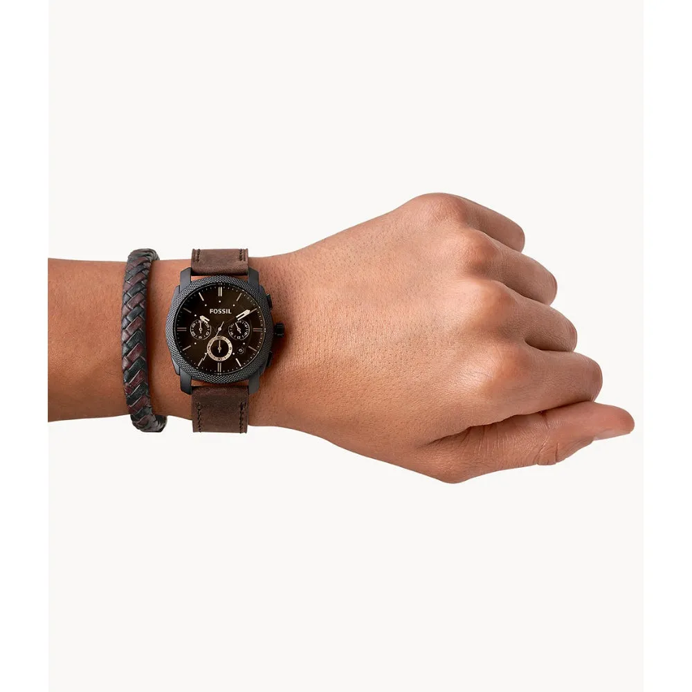 Fossil Machine Men's Chronograph Dark Brown Leather Watch and Bracelet Box Set