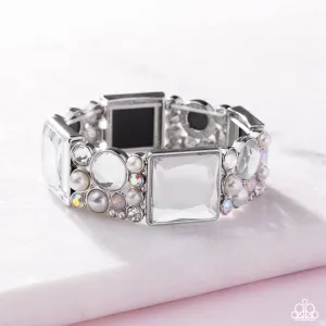 Glam to the Max - White - Gems and Pearl Paparazzi Stretchy Bracelet - 2025 Empower Me Pink Exclusive