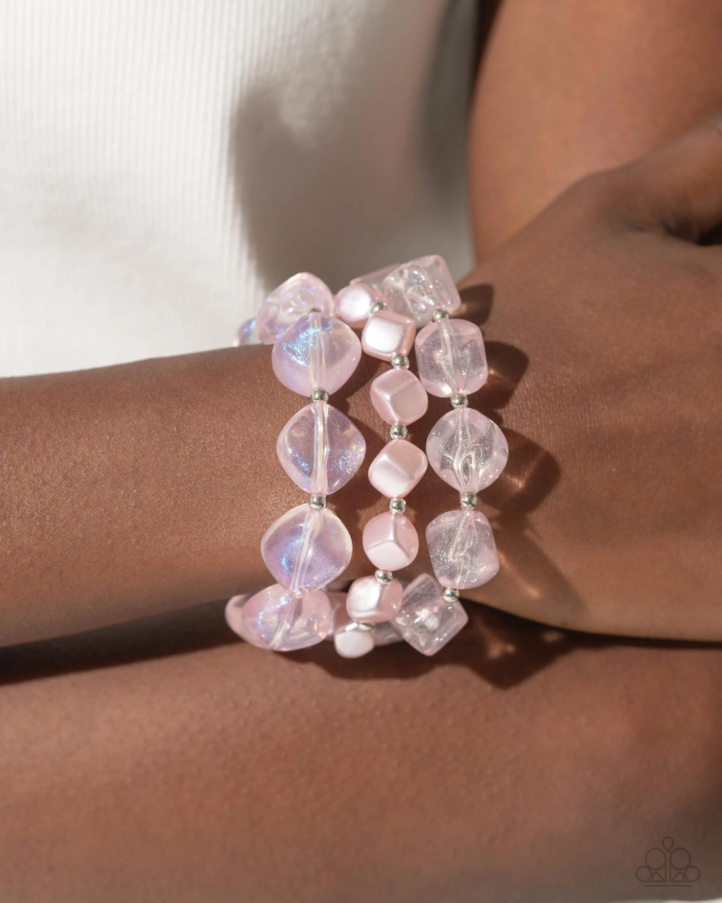 Glittery Gala - Pink - Cubed Pearl and Glittery Bead Paparazzi Stretchy Bracelet