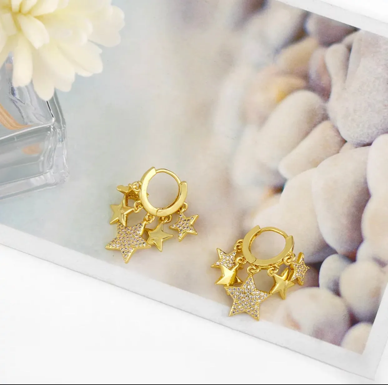 Gold Plated Small Hoop Earrings with Multi-Star Pave Charms 210-04 | Erika Williner Designs