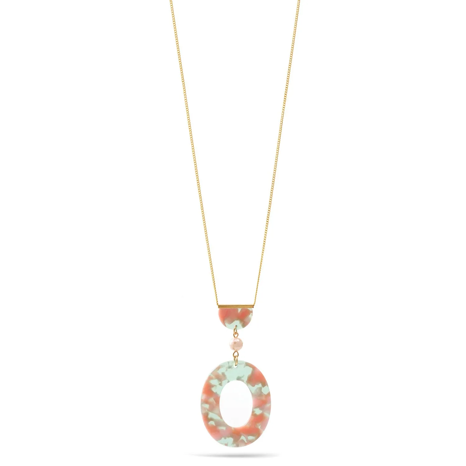 GREEN AND PINK  ACETATE RESIN OVAL GOLD PENDANT NECKLACE #SWKK-11621GLDGP (OE14)