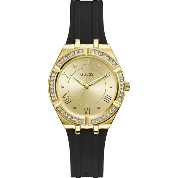 Guess Cosmo Black Silicone Strap Gold Dial Quartz Watch for Ladies - GW0034L1