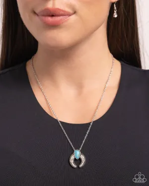 Horseshoe Haute - Blue - Turquoise Stone White Rhinestone Horseshoe Pendant Paparazzi Short Necklace