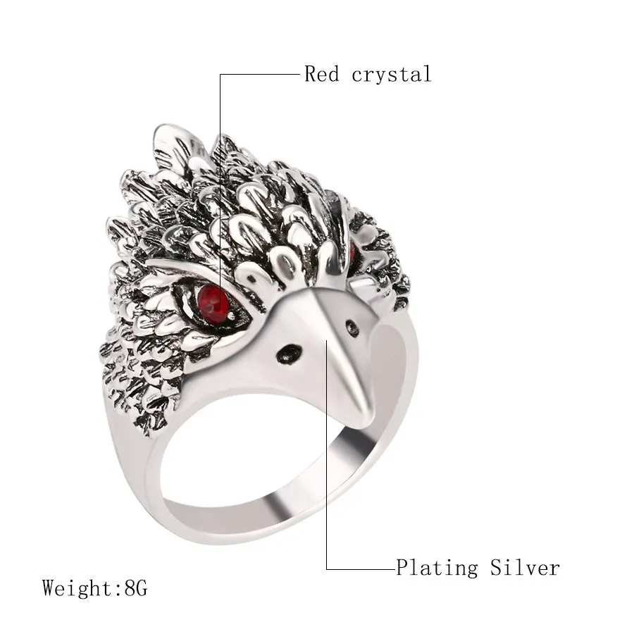 Hot Punk Animal Ring New Fashion Eagle Head Plating Silver Vintage Jewelry Inlay Black Crystal Rings For Man