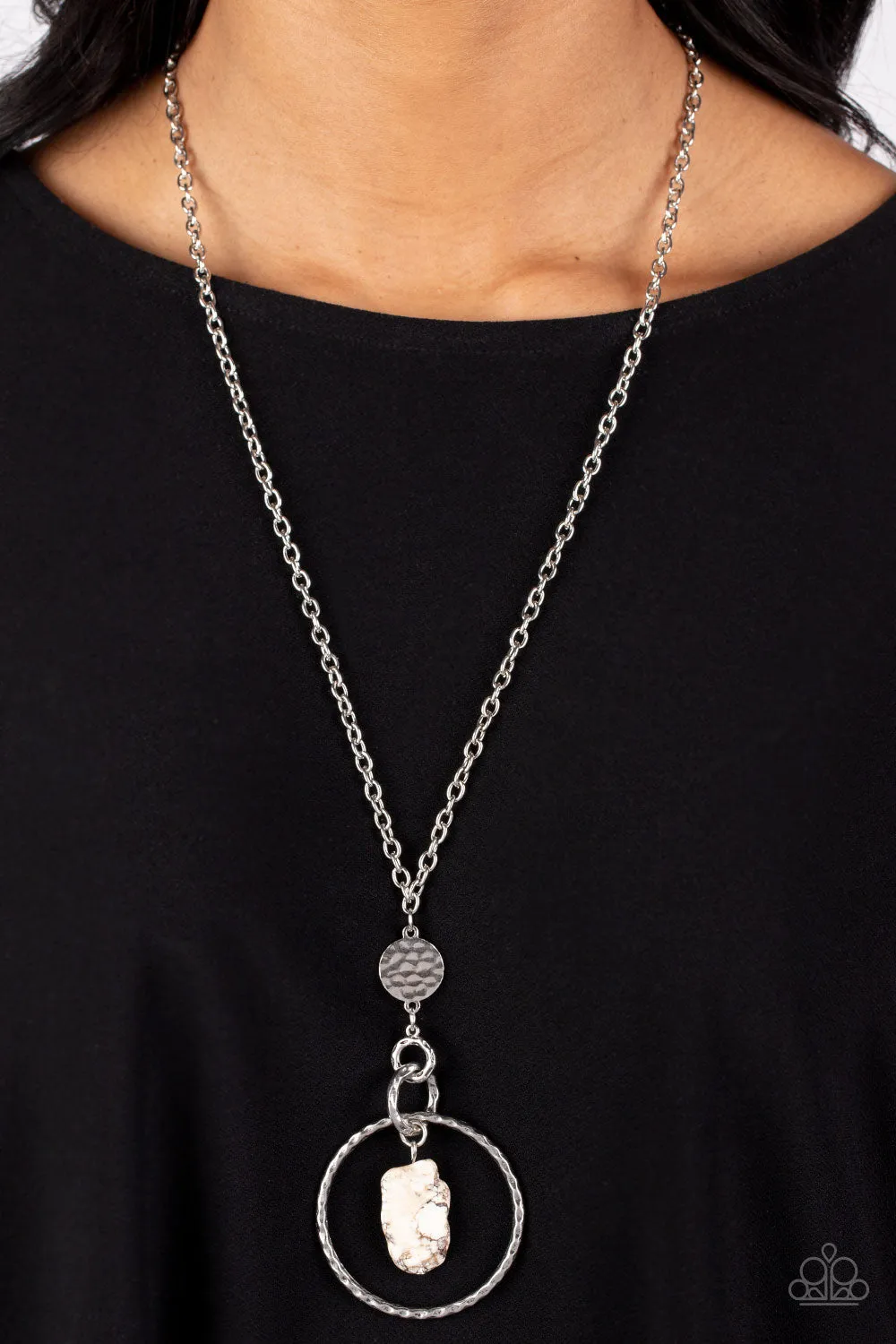 Keep the PIECE - White - Stone Silver Hoop Paparazzi Long Necklace