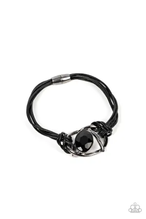 Keep Your Distance - Black - Oversized Gem Gunmetal and Cord Paparazzi Magnetic Bracelet