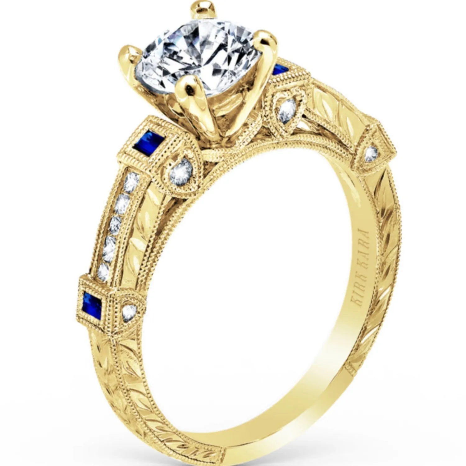 Kirk Kara "Carmella" Blue Sapphire Bezel Set Diamond Engagement Ring