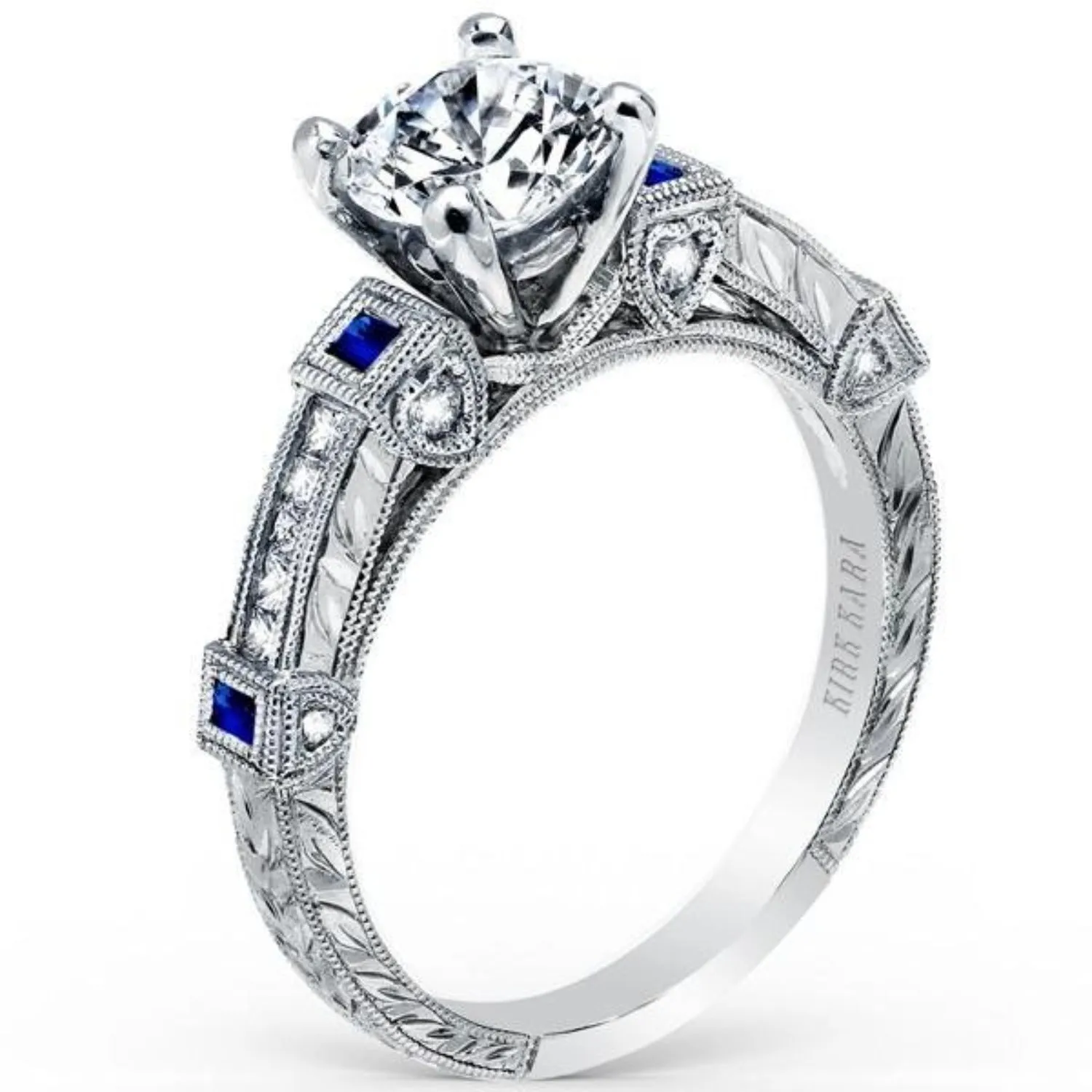 Kirk Kara "Carmella" Blue Sapphire Bezel Set Diamond Engagement Ring