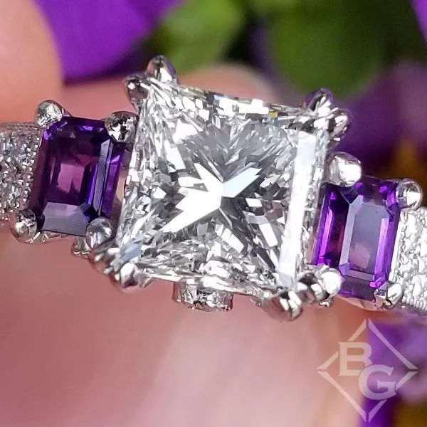 Kirk Kara "Charlotte" Emerald Cut Amethyst & Green Tsavorite Diamond Engagement Ring