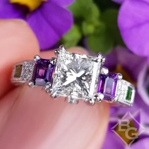 Kirk Kara "Charlotte" Emerald Cut Amethyst & Green Tsavorite Diamond Engagement Ring