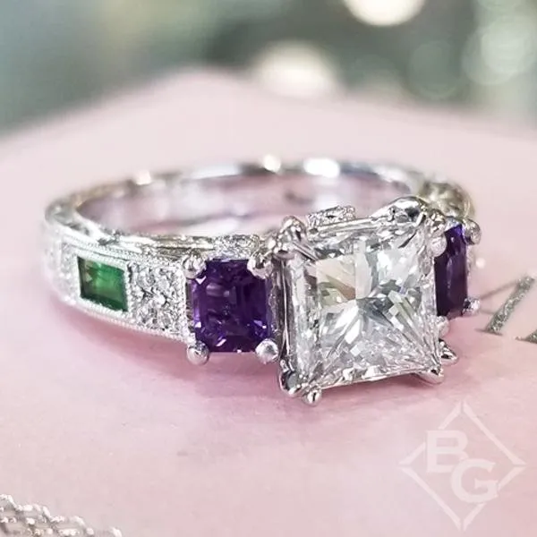 Kirk Kara "Charlotte" Emerald Cut Amethyst & Green Tsavorite Diamond Engagement Ring