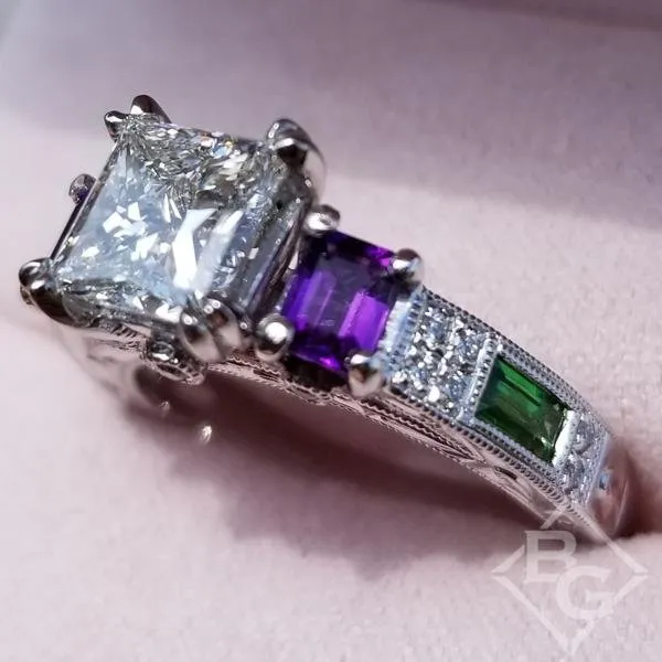 Kirk Kara "Charlotte" Emerald Cut Amethyst & Green Tsavorite Diamond Engagement Ring