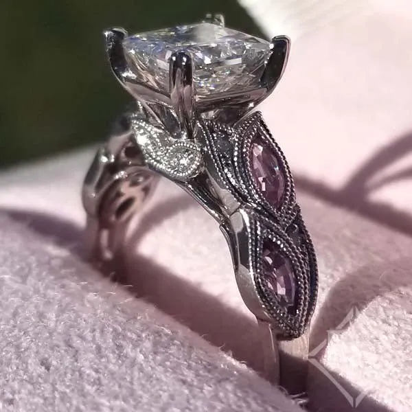 Kirk Kara "Dahlia" Princess Cut Center Marquise Cut Side Pink Sapphire Gemstone Engagement Ring