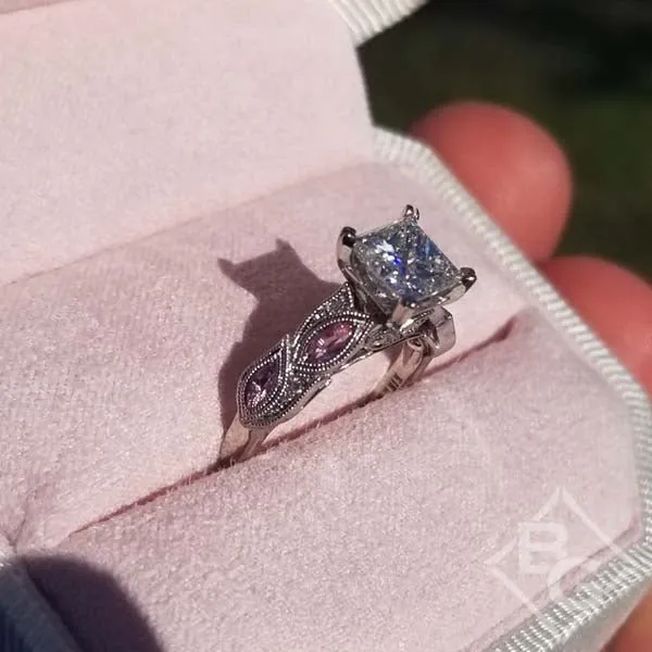 Kirk Kara "Dahlia" Princess Cut Center Marquise Cut Side Pink Sapphire Gemstone Engagement Ring
