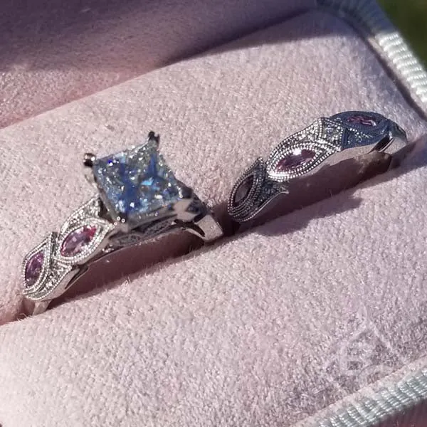 Kirk Kara "Dahlia" Princess Cut Center Marquise Cut Side Pink Sapphire Gemstone Engagement Ring