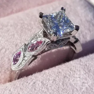 Kirk Kara "Dahlia" Princess Cut Center Marquise Cut Side Pink Sapphire Gemstone Engagement Ring