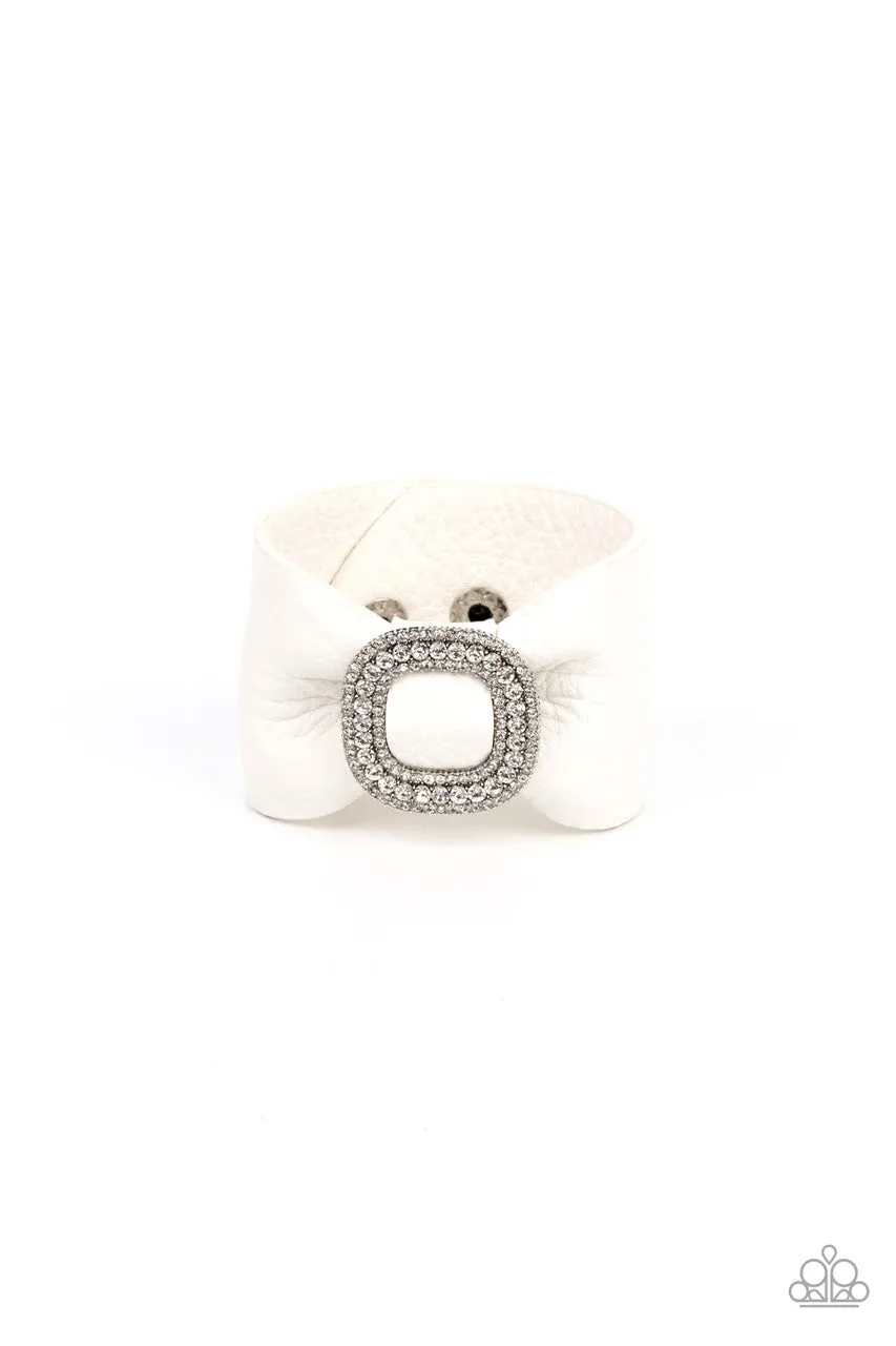 Lights, SELFIE, Action - White - Rhinestone Buckle Leather Bow Paparazzi Wrap Bracelet