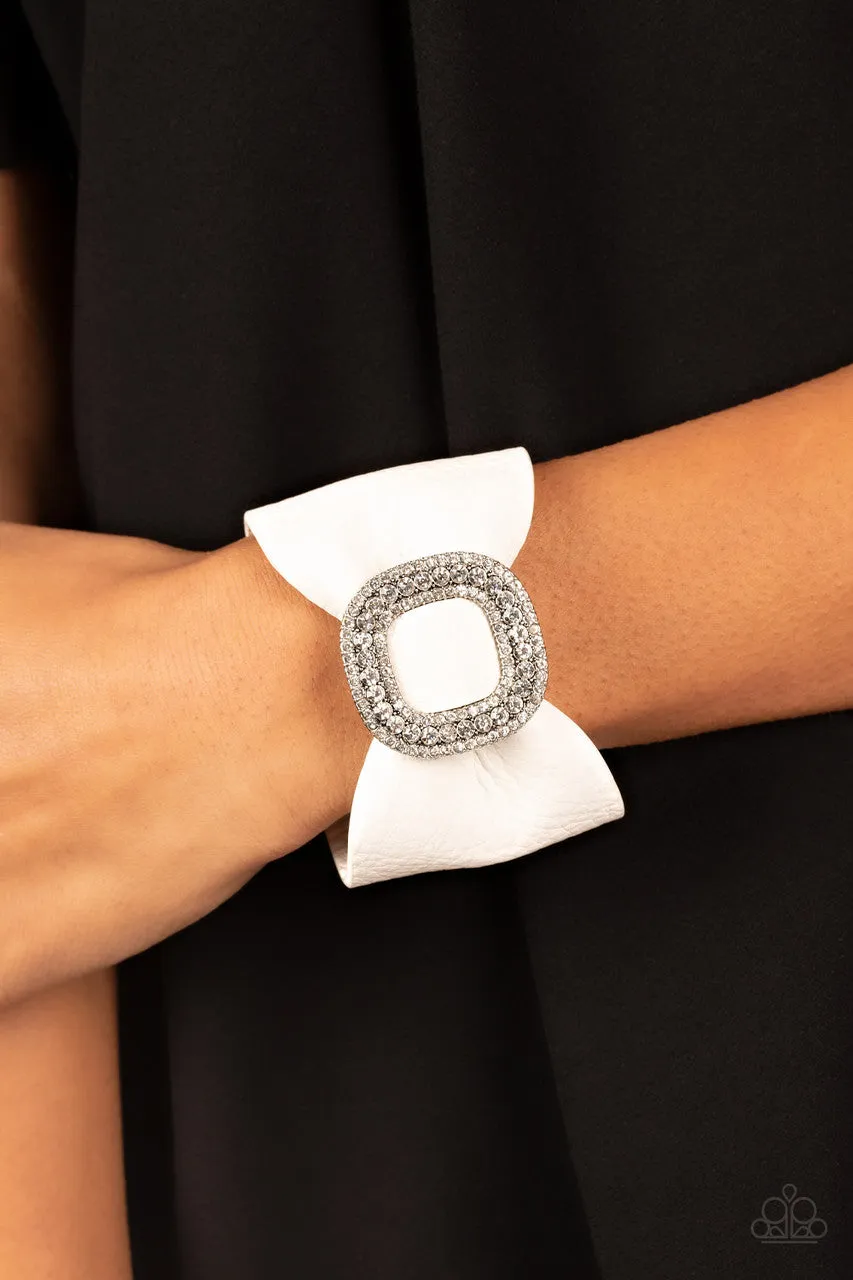 Lights, SELFIE, Action - White - Rhinestone Buckle Leather Bow Paparazzi Wrap Bracelet