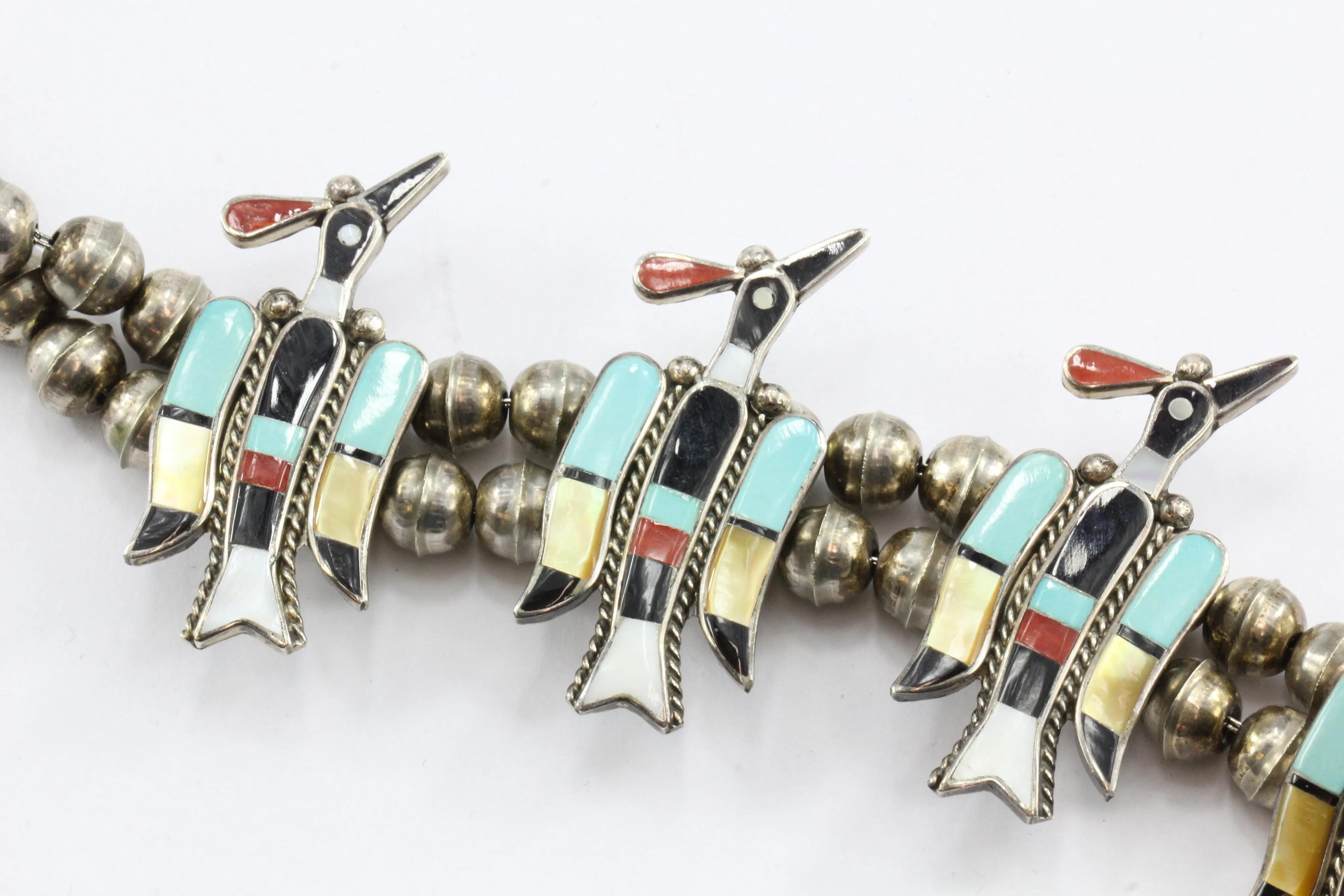 Linette Laiwakete Zuni Peyote Bird Squash Blossom Sterling Silver Necklace