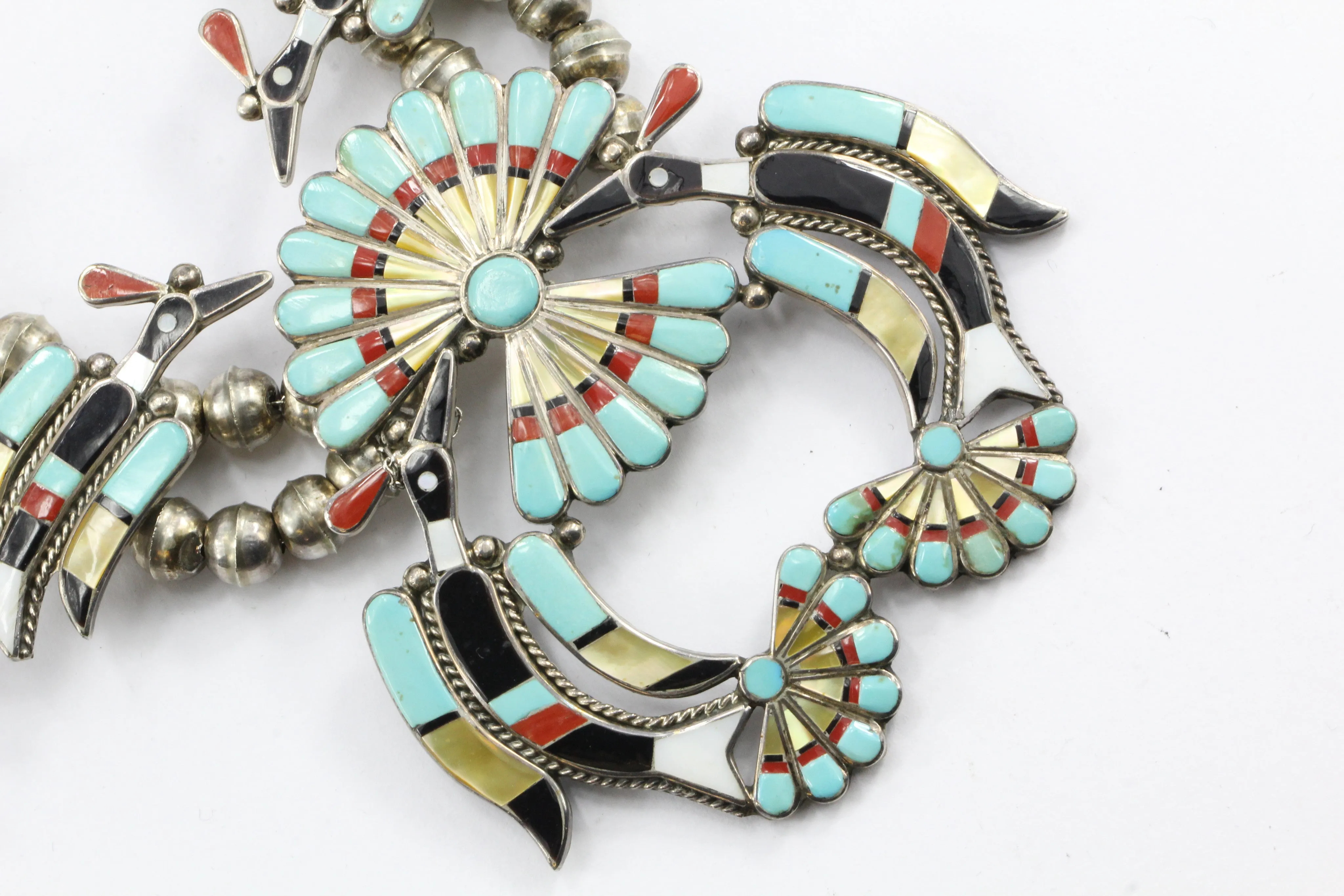 Linette Laiwakete Zuni Peyote Bird Squash Blossom Sterling Silver Necklace