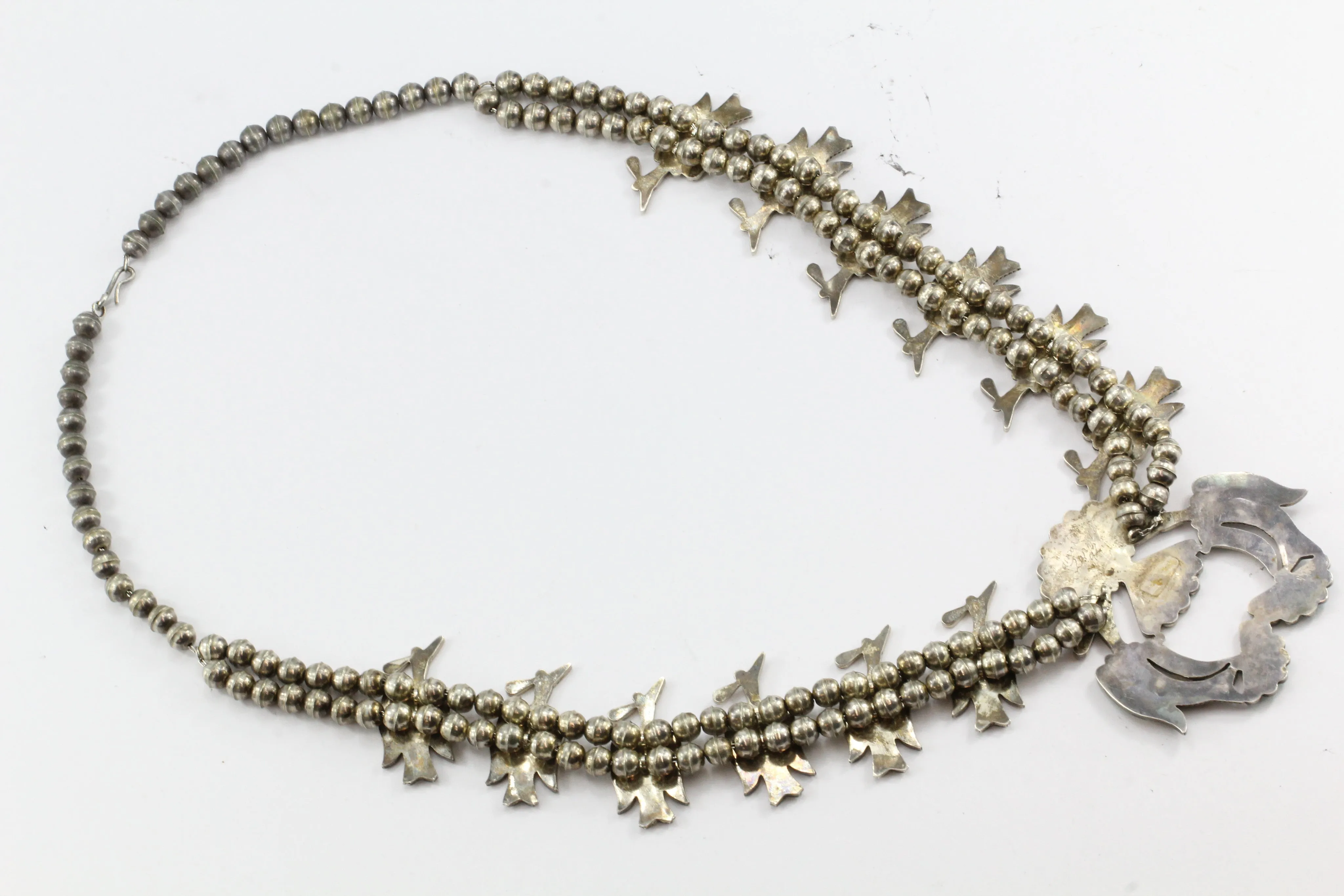 Linette Laiwakete Zuni Peyote Bird Squash Blossom Sterling Silver Necklace