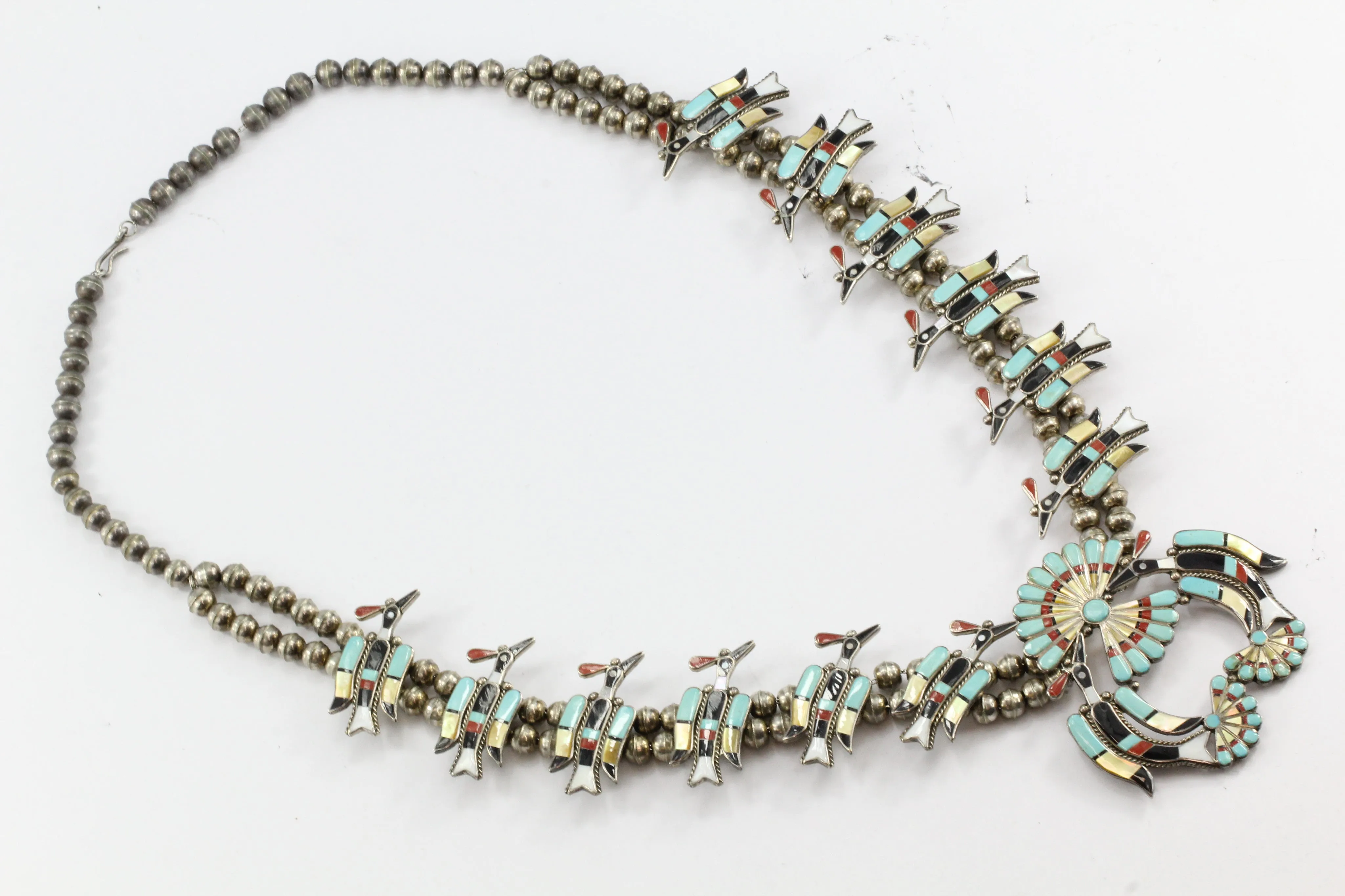 Linette Laiwakete Zuni Peyote Bird Squash Blossom Sterling Silver Necklace