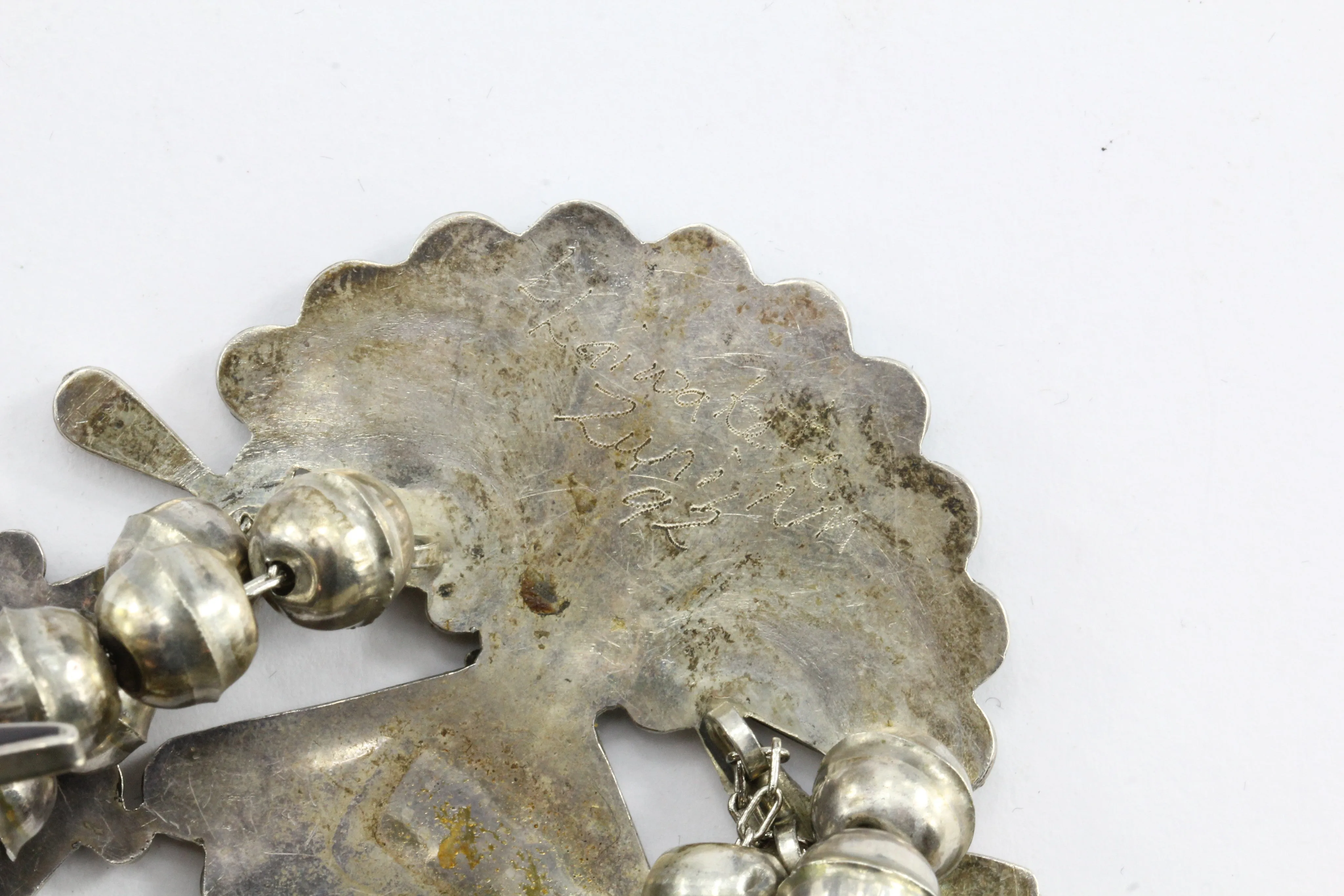 Linette Laiwakete Zuni Peyote Bird Squash Blossom Sterling Silver Necklace