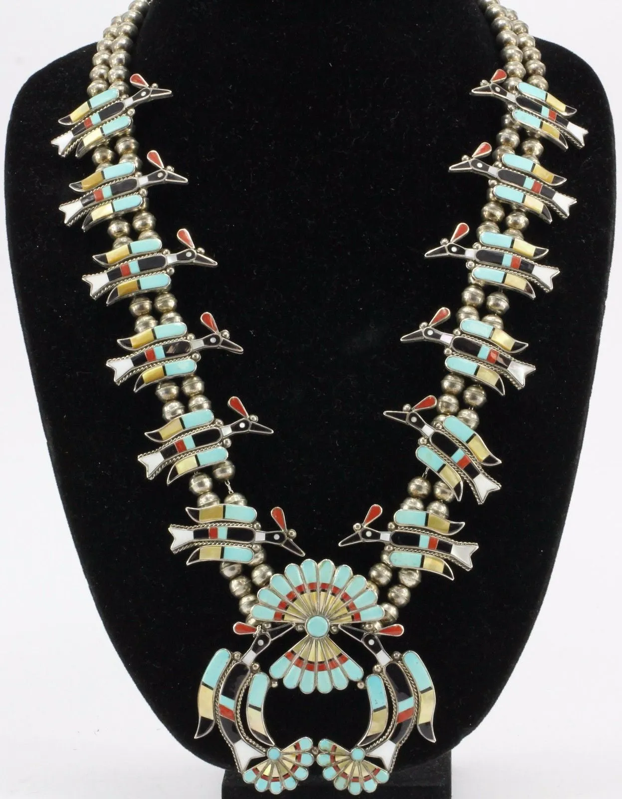 Linette Laiwakete Zuni Peyote Bird Squash Blossom Sterling Silver Necklace