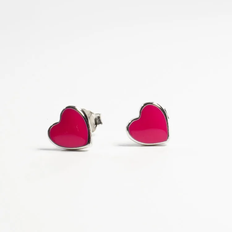 Little Enamel Heart Stud Earrings - Silver - Girls & Teens