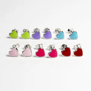 Little Enamel Heart Stud Earrings - Silver - Girls & Teens