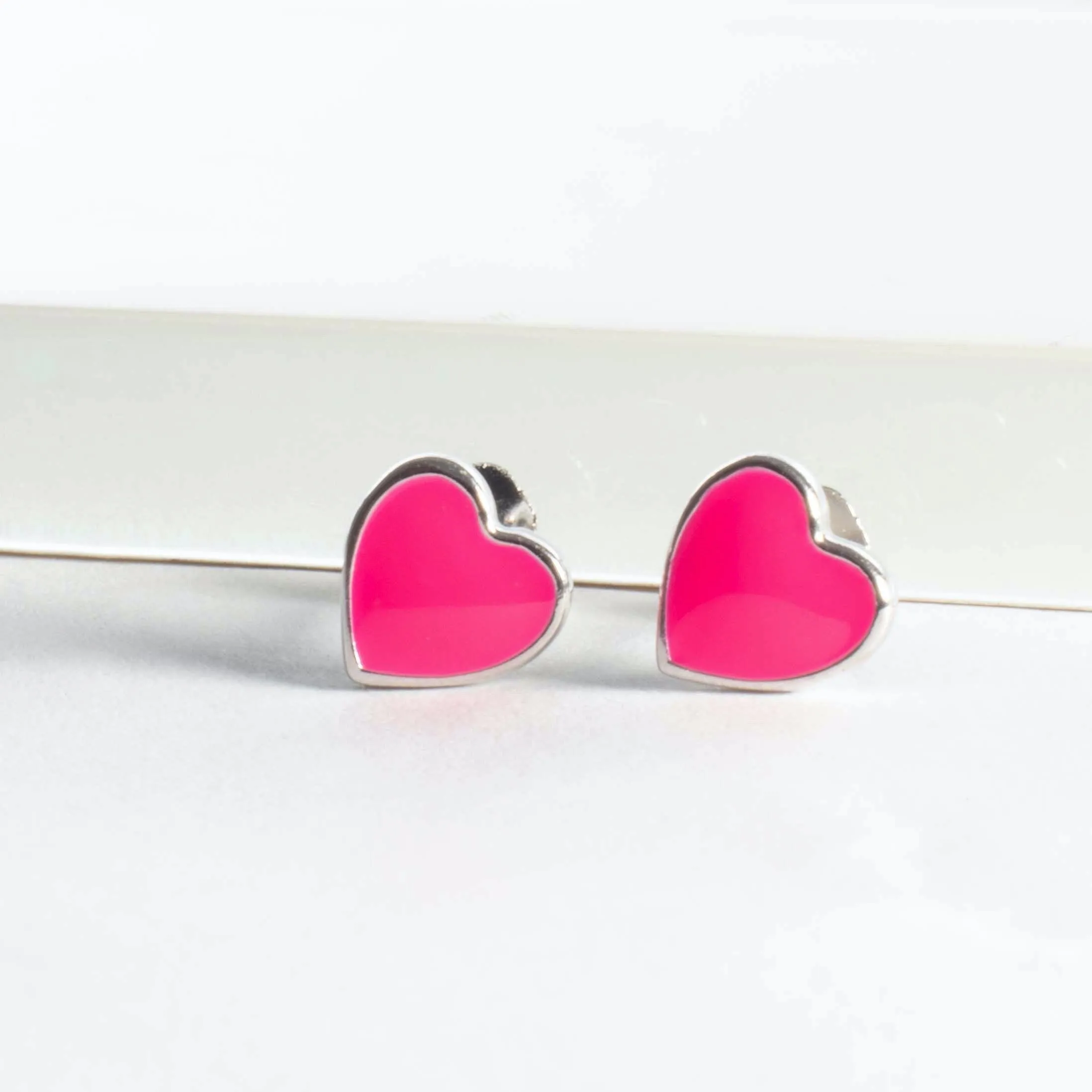 Little Enamel Heart Stud Earrings - Silver - Girls & Teens
