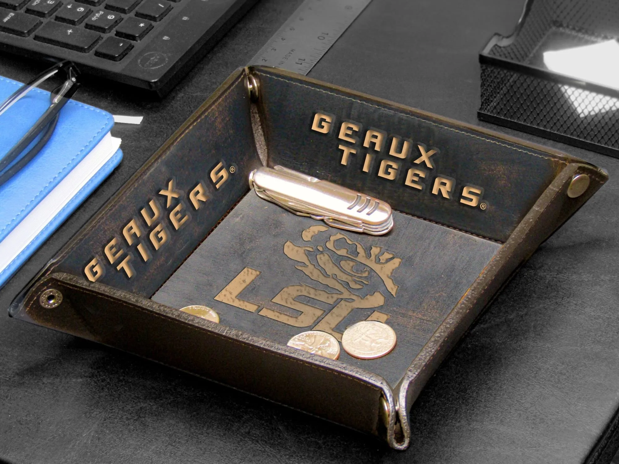 LSU Tigers Men's Collegiate Valet Tray, Catch-all, Desk Organizer, Nightstand Tray. Brown Burnished Full Grain Leather Finish.