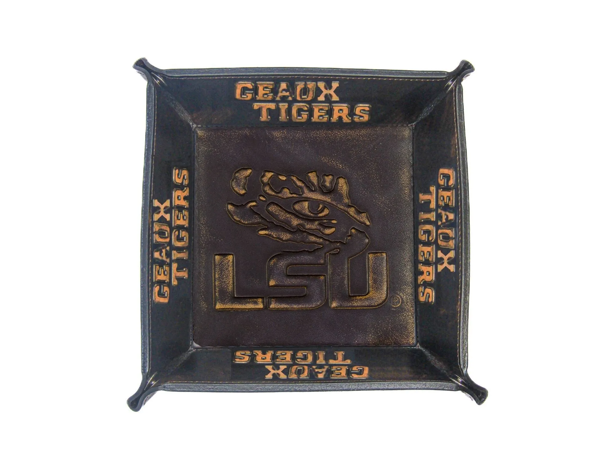 LSU Tigers Men's Collegiate Valet Tray, Catch-all, Desk Organizer, Nightstand Tray. Brown Burnished Full Grain Leather Finish.
