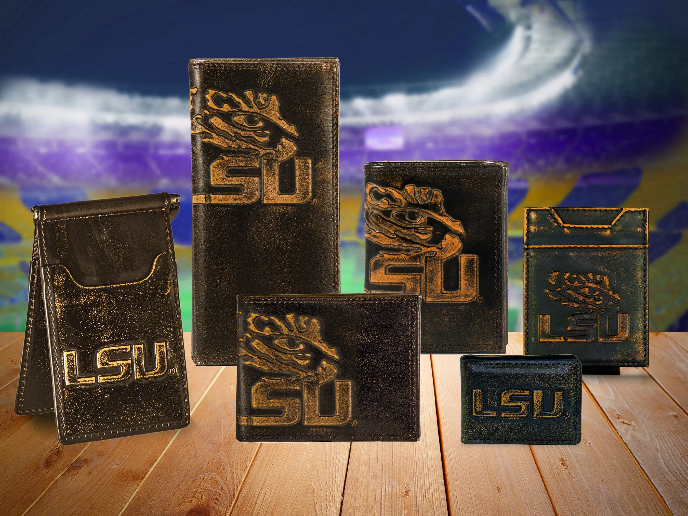LSU Tigers Men's Collegiate Valet Tray, Catch-all, Desk Organizer, Nightstand Tray. Brown Burnished Full Grain Leather Finish.