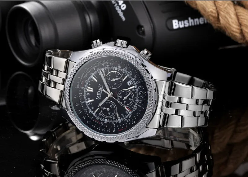 MEGIR CHRONOGRAPH 24 Hours Military Army Watch Men Sport Watches Genuine Leather Luxury Brand Quartz Watches