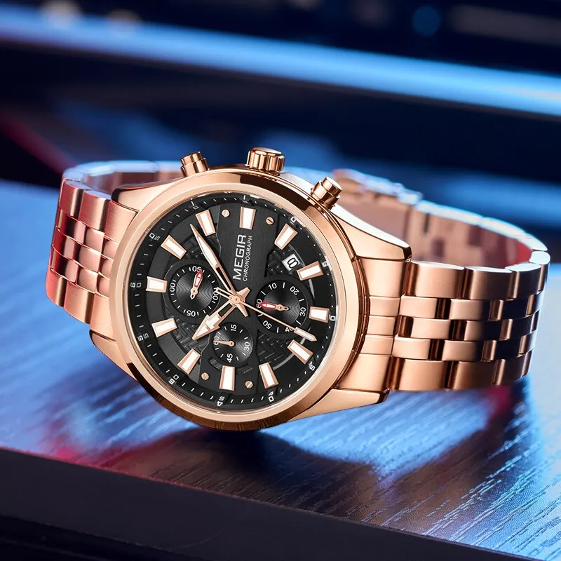 MEGIR New Fashion Watches Chronograph Waterproof Stainless Steel Date Sports Quartz Watch Men Top Brand Luxury Wristwatch