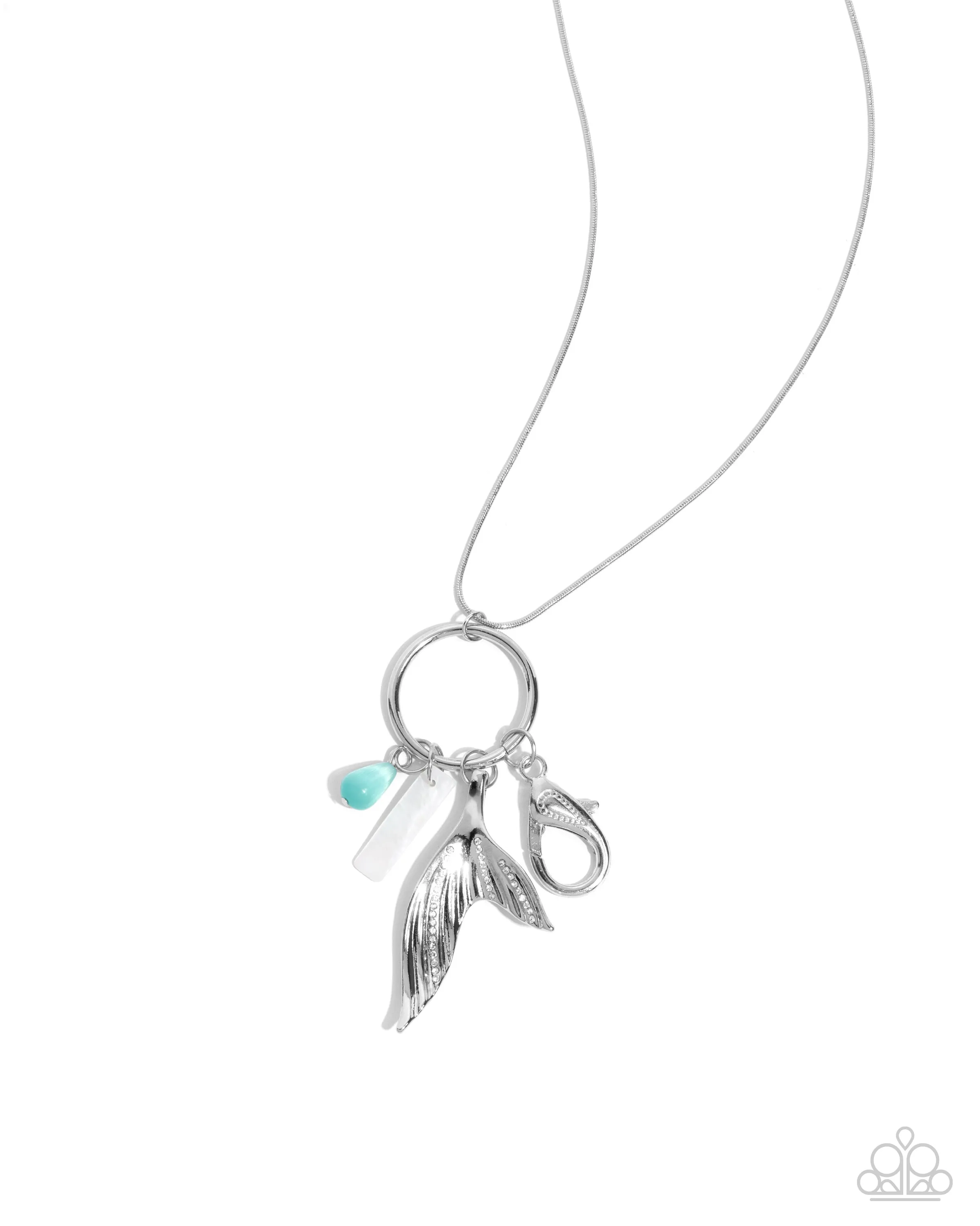 Mermaid Madrigal - Green - Cat's Eye Teardrop Silver Mermaid Tail Paparazzi Lanyard Necklace