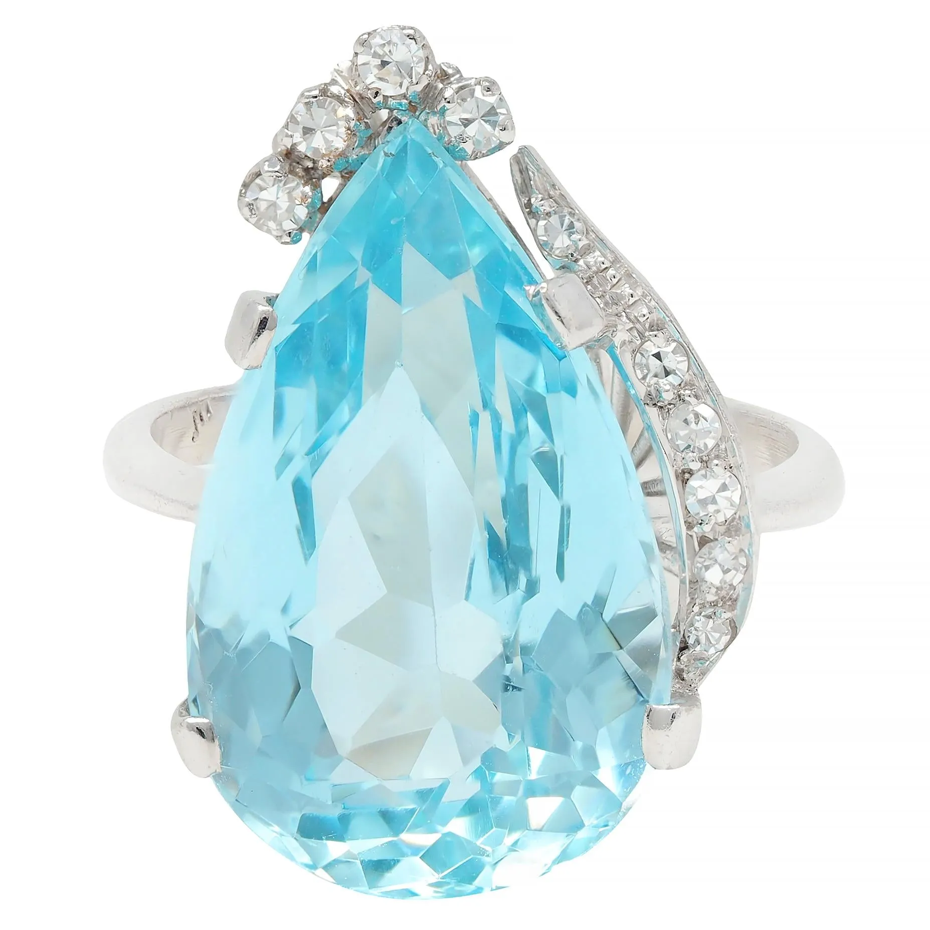 Mid-Century 12.00 CTW Pear Cut Aquamarine Diamond 18 Karat White Gold Vintage Cocktail Ring